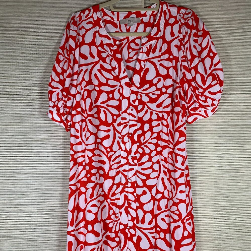 Loft Rio Balloon Sleeve Button Swing Dress V-Neck Womens Size Large